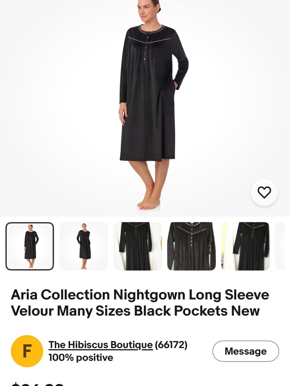 Dalia Collection Black Velour Long-Sleeve Nightgown with Pockets#194